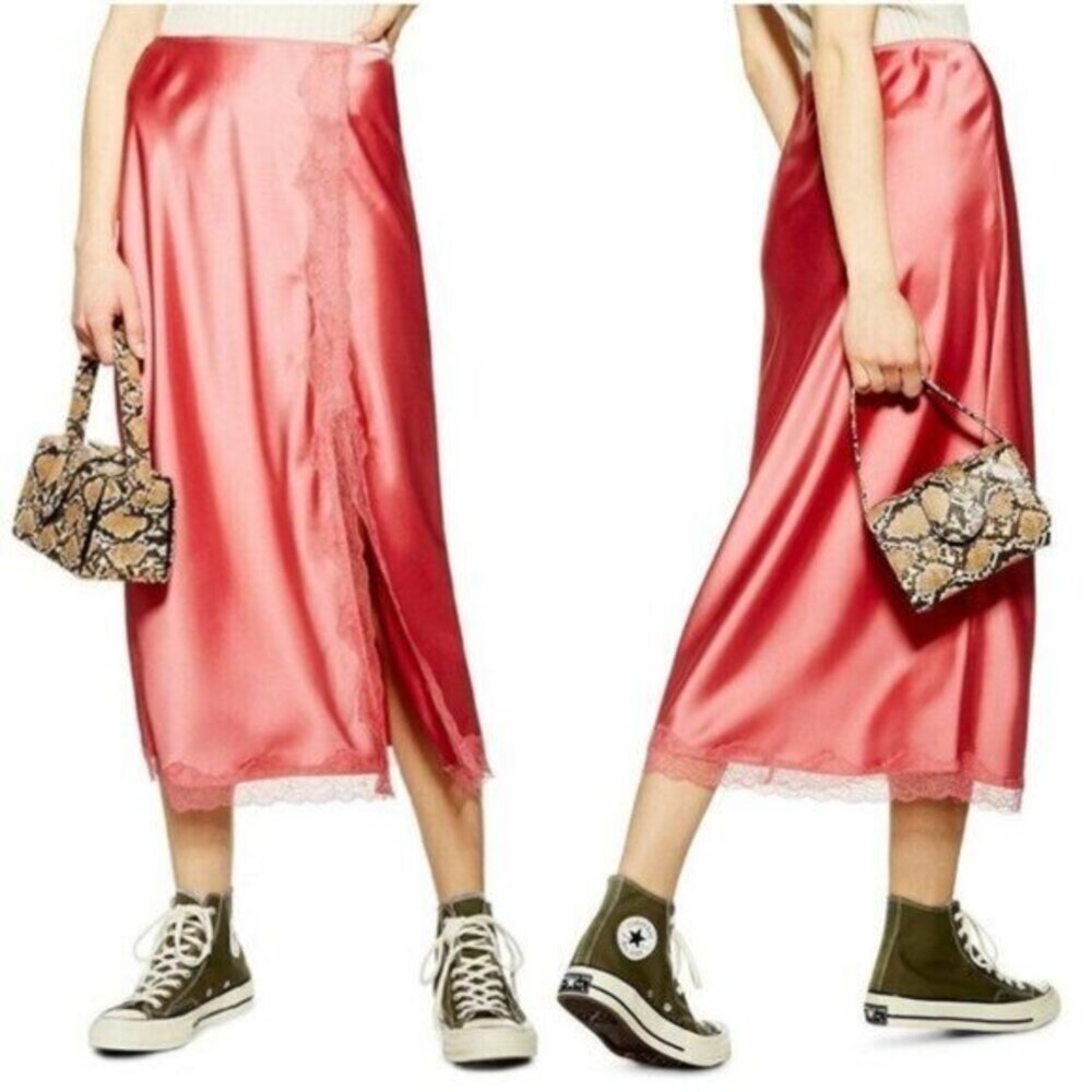 TOPSHOP Coral Slip Midi Skirt Lace Trim Satin High Slit SZ 4 US NEW
